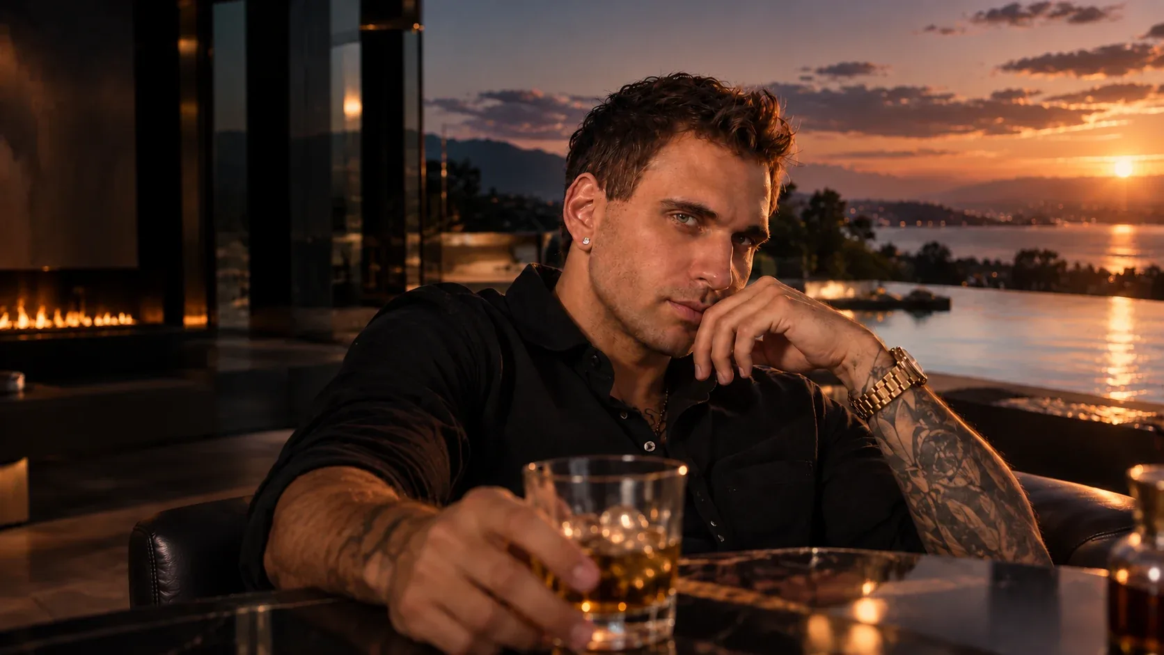The founder seated beside the water at sunset, dressed in black, with a drink on the table. Promotional campaign artwork.